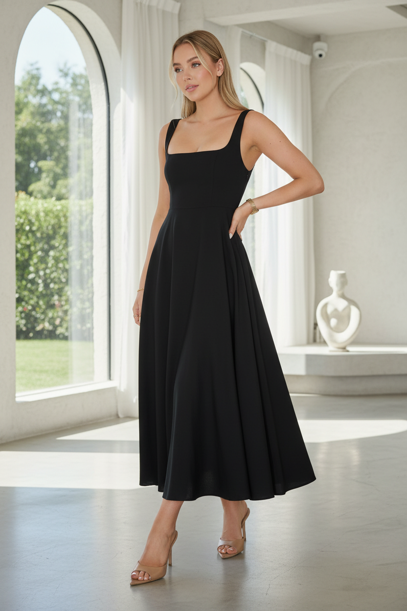 Damska sukienka maxi z kwadratowym dekoltem i szerokimi ramiączkami-Maxi Dress-Olave