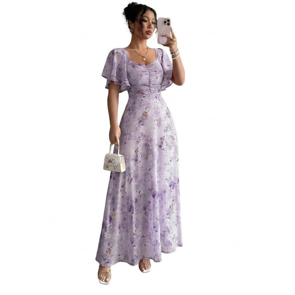 Damska sukienka maxi z motywem kwiatowym, dekoltem w serce i rozkloszowanymi rękawami-Midi Dress-Olave