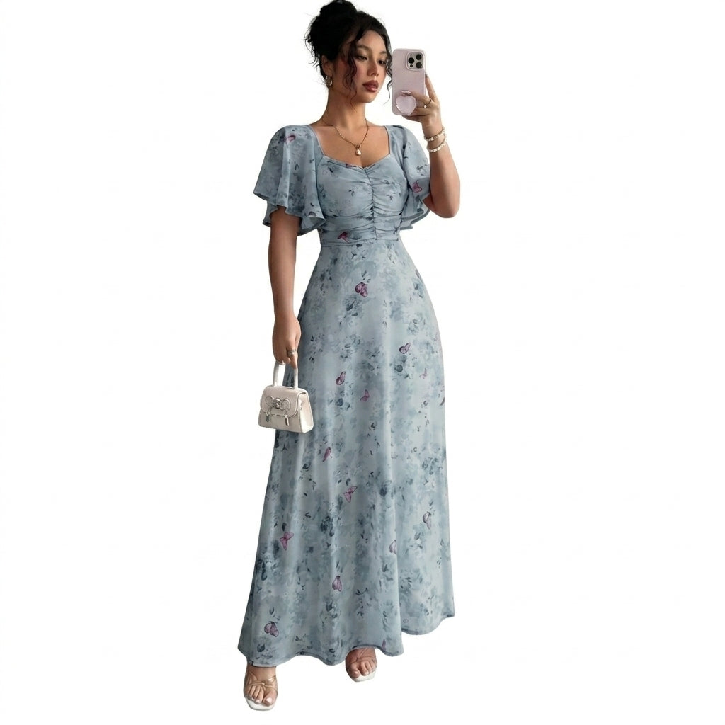 Damska sukienka maxi z motywem kwiatowym, dekoltem w serce i rozkloszowanymi rękawami-Midi Dress-Olave