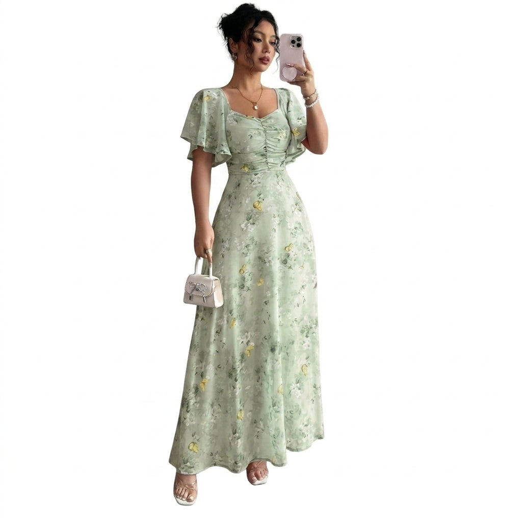 Damska sukienka maxi z motywem kwiatowym, dekoltem w serce i rozkloszowanymi rękawami-Midi Dress-Olave