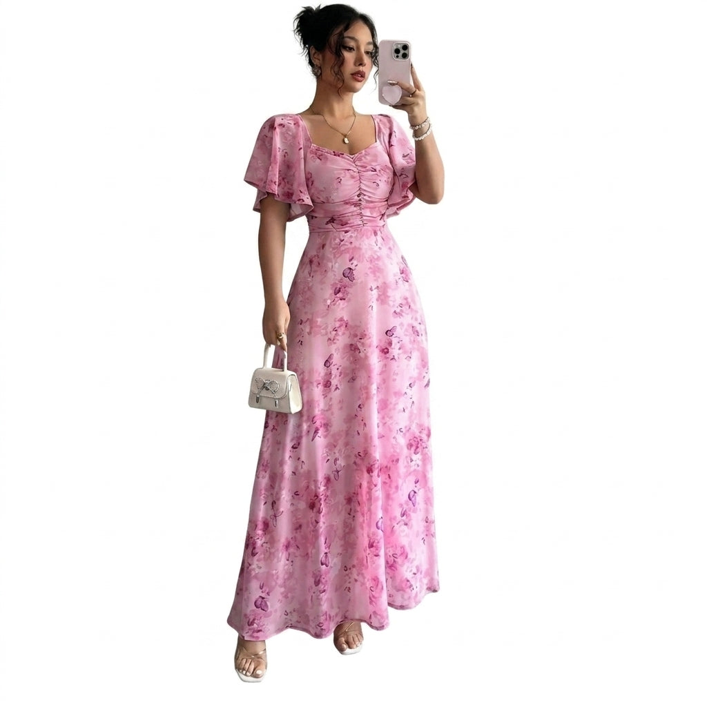 Damska sukienka maxi z motywem kwiatowym, dekoltem w serce i rozkloszowanymi rękawami-Midi Dress-Olave