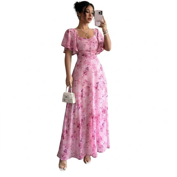 Damska sukienka maxi z motywem kwiatowym, dekoltem w serce i rozkloszowanymi rękawami-Midi Dress-Olave