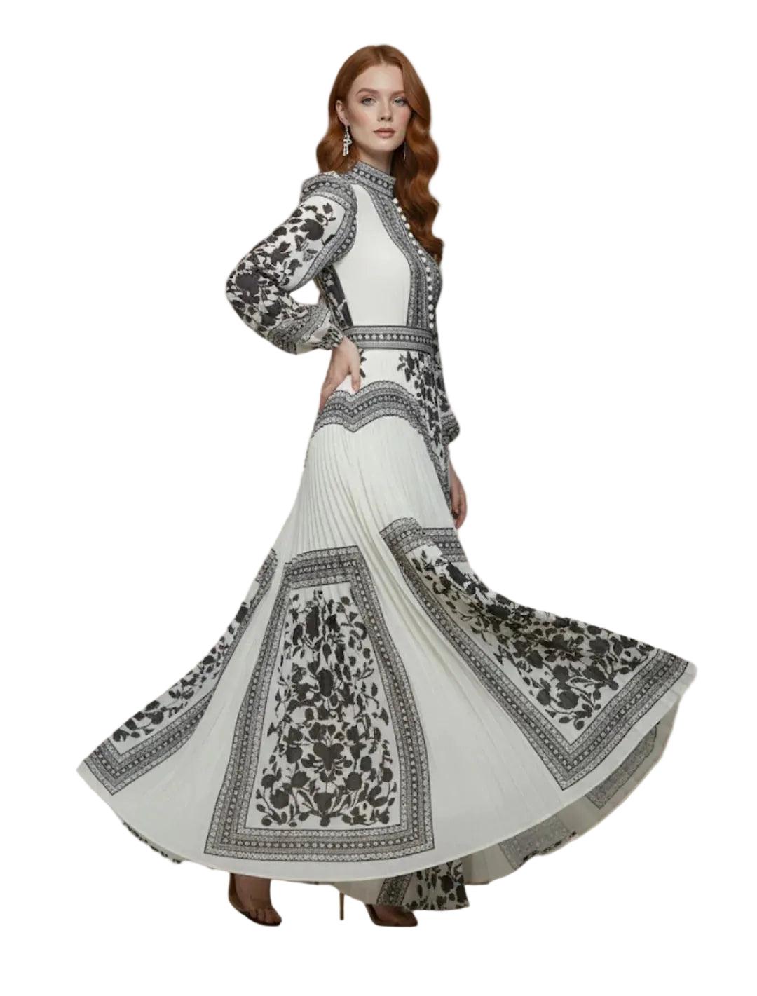 Damska sukienka maxi z nadrukiem i plisowanym dołem-Maxi Dress-Olave