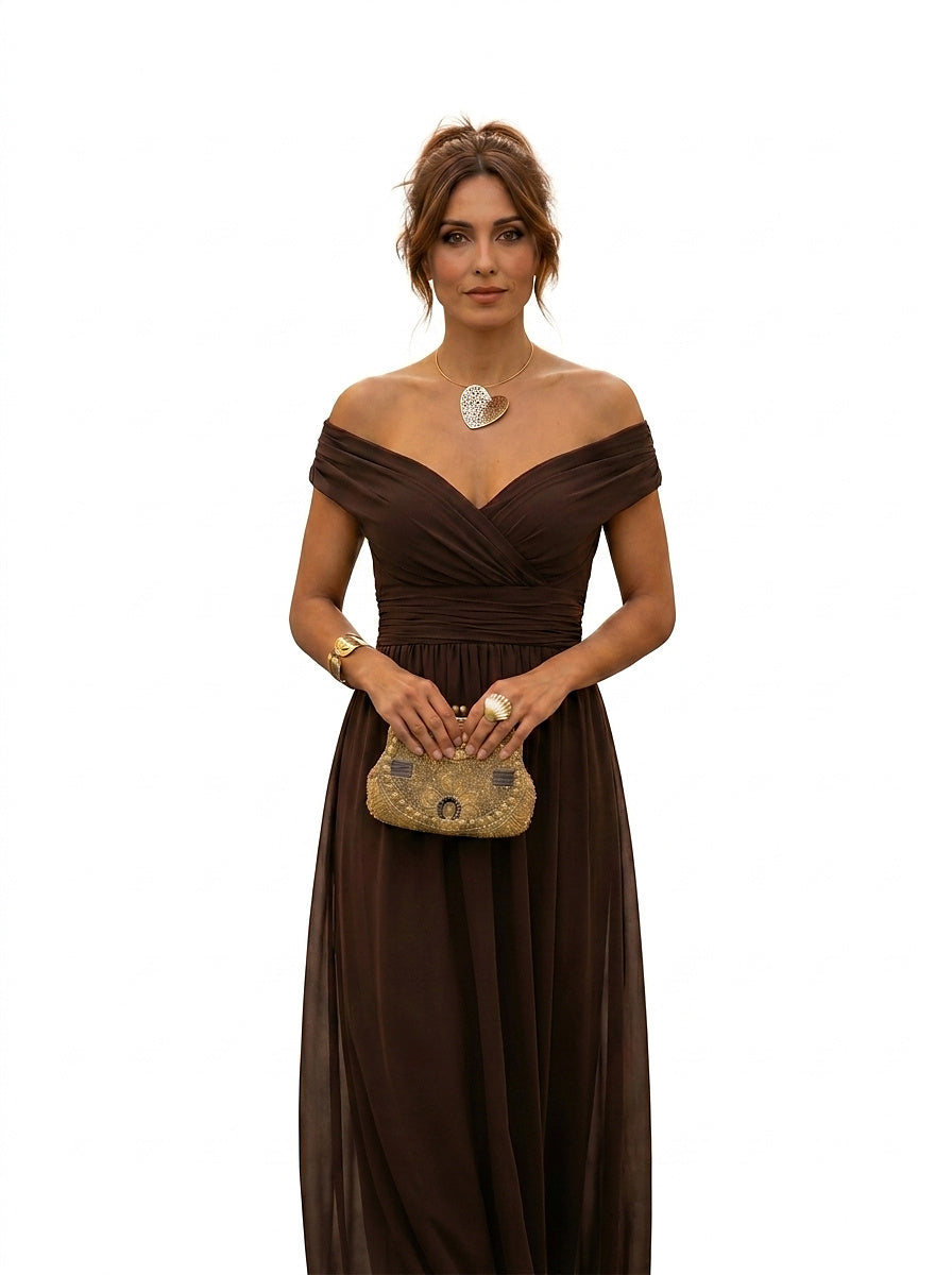 Damska sukienka maxi z odkrytymi ramionami i marszczoną talią-Maxi Dress-Olave