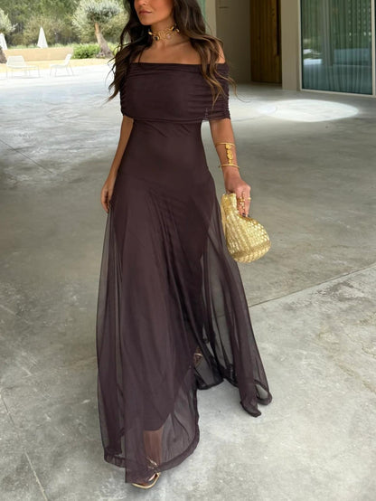 Damska sukienka maxi z odkrytymi ramionami i siateczkową nakładką-Maxi Dress-Olave