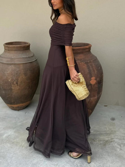 Damska sukienka maxi z odkrytymi ramionami i siateczkową nakładką-Maxi Dress-Olave