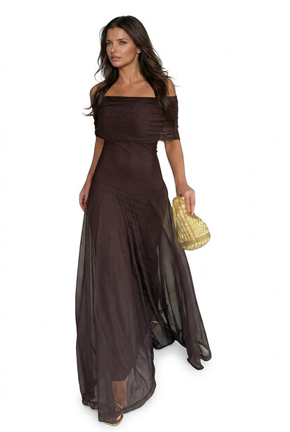 Damska sukienka maxi z odkrytymi ramionami i siateczkową nakładką-Maxi Dress-Olave