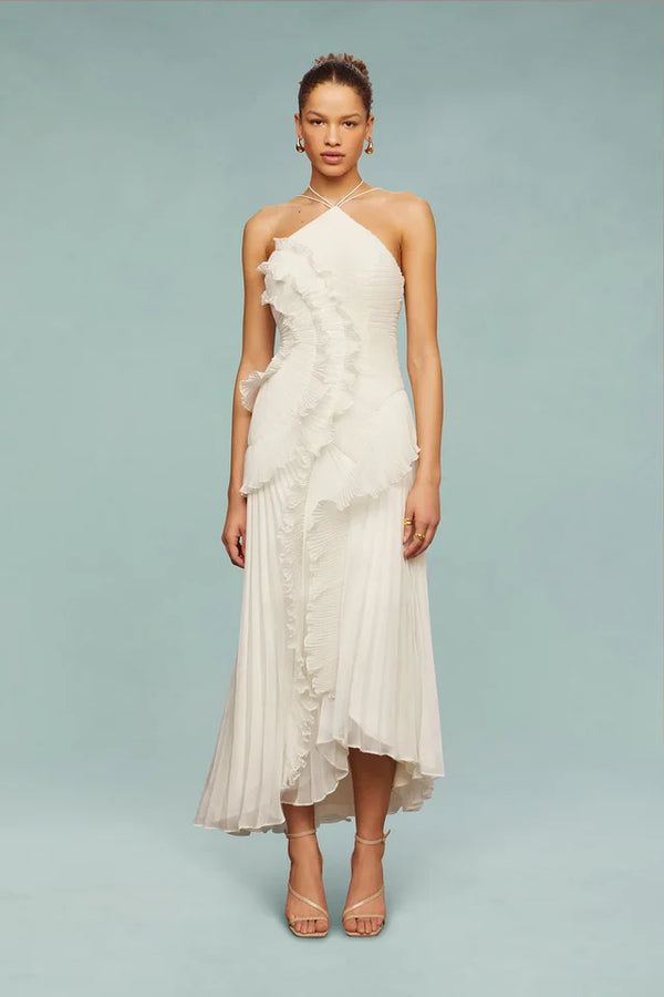 Damska Sukienka Maxi z wiązaniem na szyi, plisami i falbanami-Maxi Dress-Olave