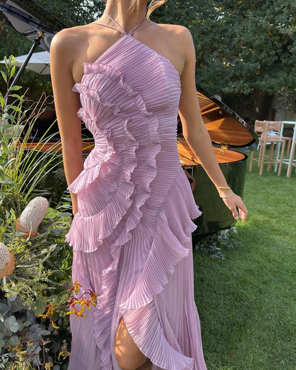 Damska Sukienka Maxi z wiązaniem na szyi, plisami i falbanami-Maxi Dress-Olave