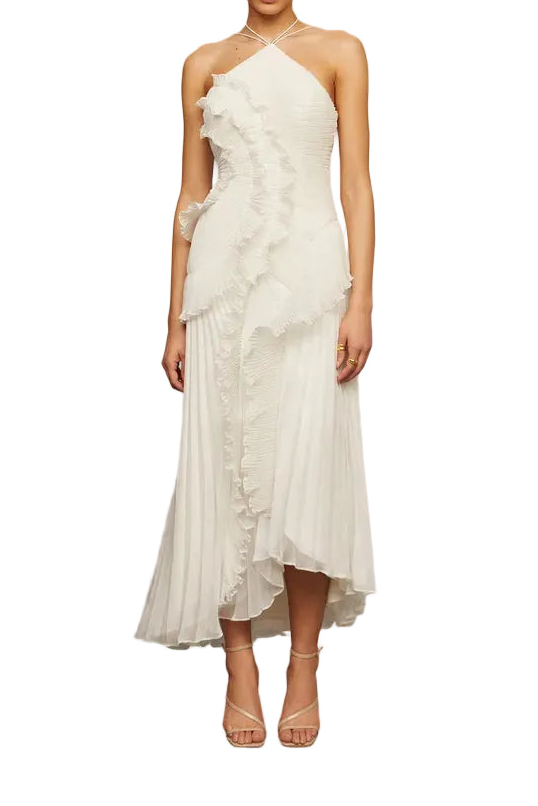 Damska Sukienka Maxi z wiązaniem na szyi, plisami i falbanami-Maxi Dress-Olave