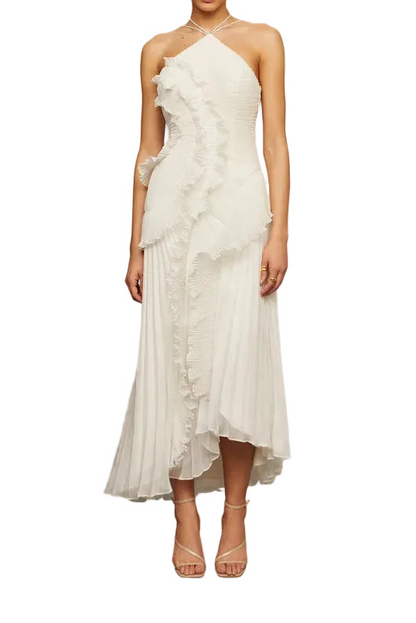 Damska Sukienka Maxi z wiązaniem na szyi, plisami i falbanami-Maxi Dress-Olave