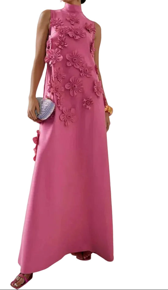 Damska Sukienka Maxi z Wysokim Kołnierzem i Aplikacją Kwiatową-Dresses for Women-Olave