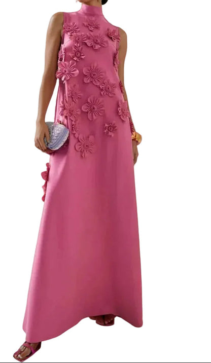 Damska Sukienka Maxi z Wysokim Kołnierzem i Aplikacją Kwiatową-Dresses for Women-Olave