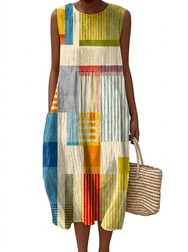 Damska sukienka midi bez rękawów w geometryczny wzór-Midi Dress-Olave