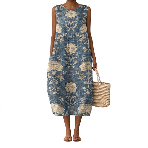 Damska sukienka midi bez rękawów w kwiatowy wzór-Midi Dress-Olave
