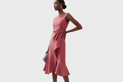 Damska Sukienka Midi bez Rękawów z Asymetrycznym Marszczeniem w Talii-Dresses for Women-Olave