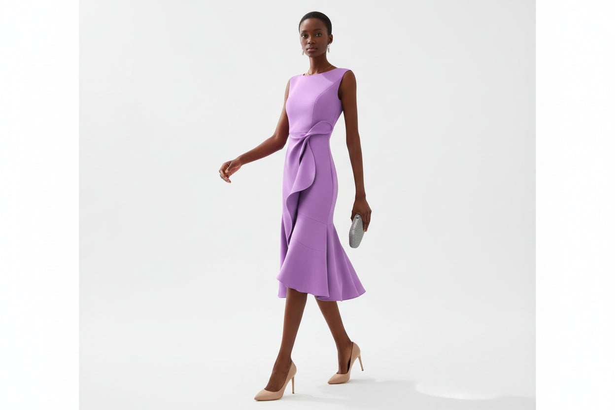 Damska Sukienka Midi bez Rękawów z Asymetrycznym Marszczeniem w Talii-Dresses for Women-Olave