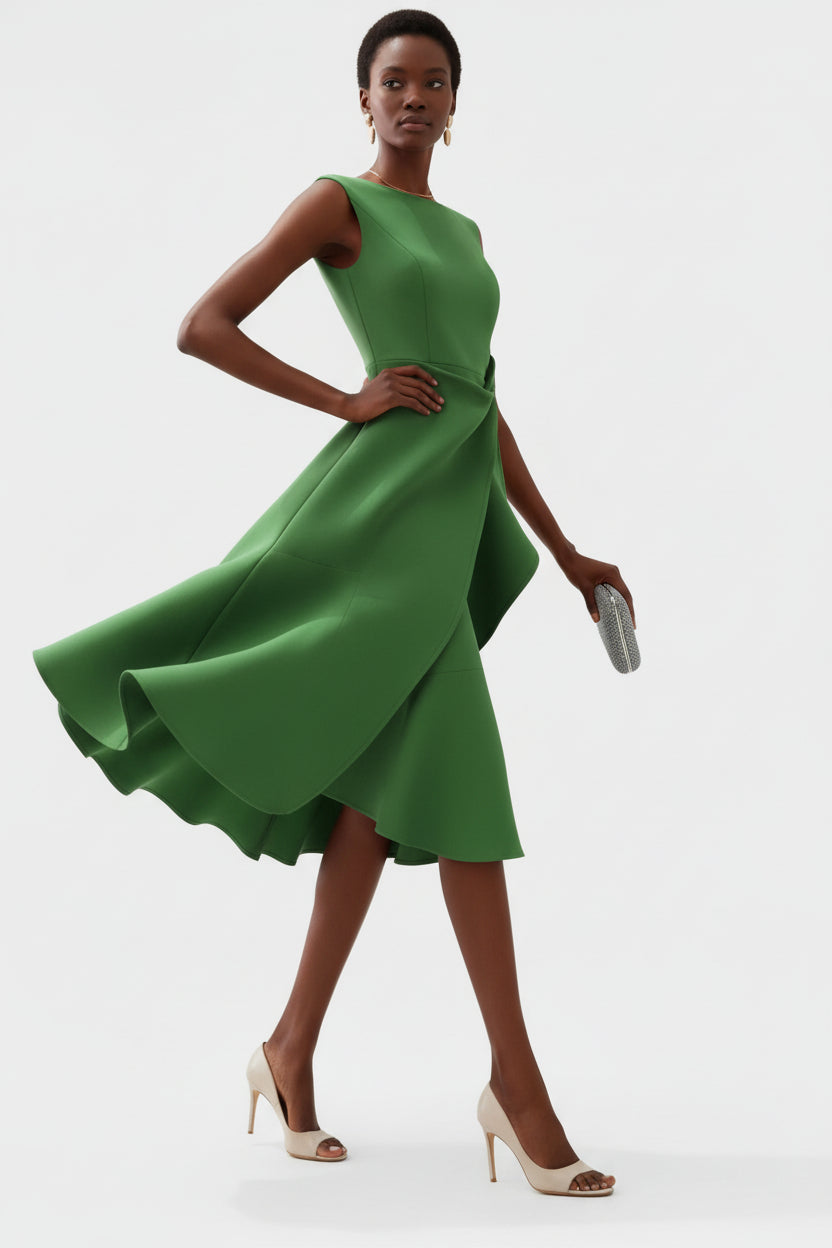 Damska Sukienka Midi bez Rękawów z Asymetrycznym Marszczeniem w Talii-Dresses for Women-Olave