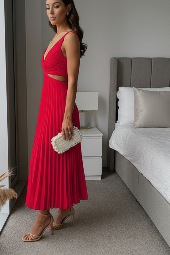 Damska sukienka midi bez rękawów z dekoltem w kształcie V i wycięciem w talii-Midi Dress-Olave