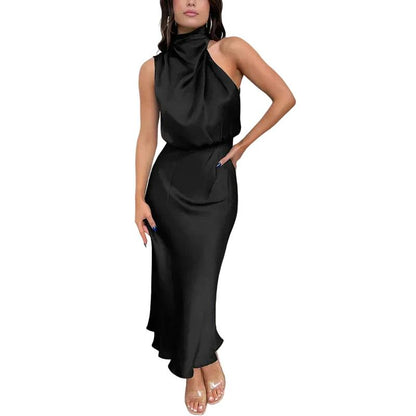 Damska sukienka midi bez rękawów z drapowanym dekoltem-Midi Dress-Olave