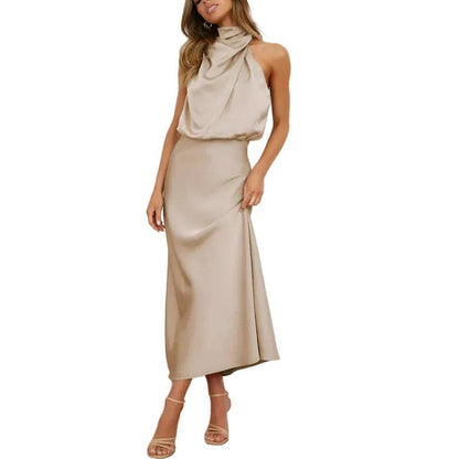 Damska sukienka midi bez rękawów z drapowanym dekoltem-Midi Dress-Olave