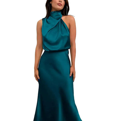 Damska sukienka midi bez rękawów z drapowanym dekoltem-Midi Dress-Olave