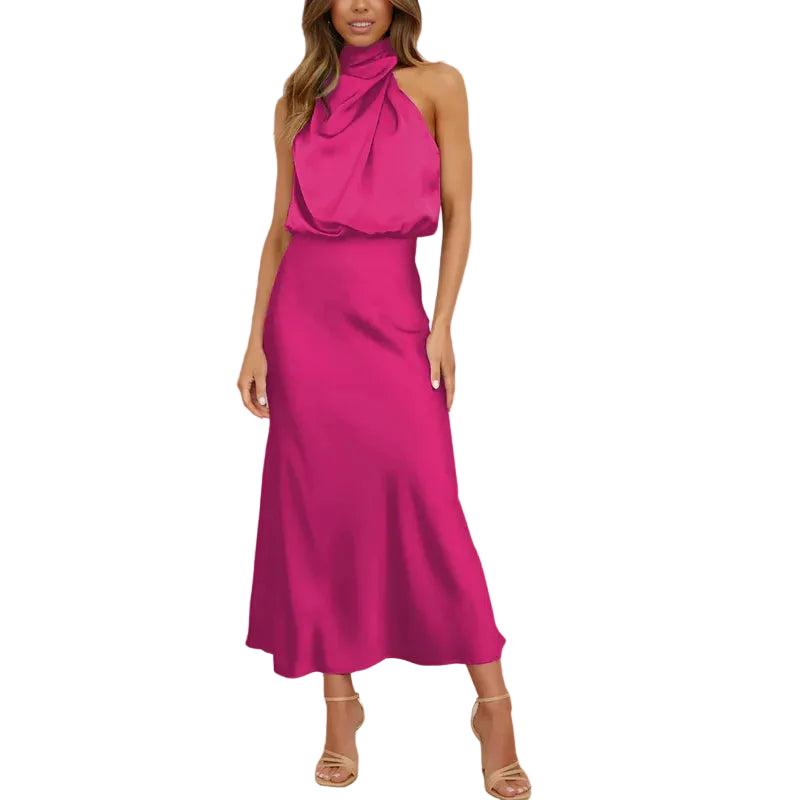 Damska sukienka midi bez rękawów z drapowanym dekoltem-Midi Dress-Olave