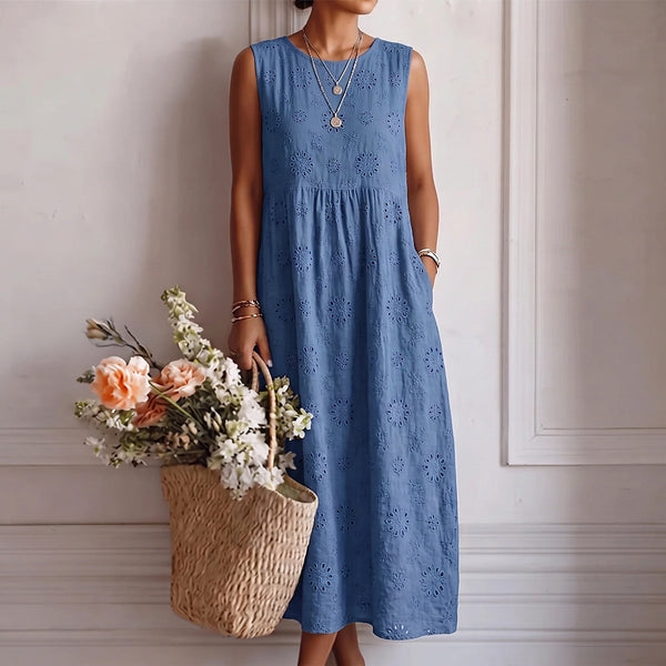 Damska sukienka midi bez rękawów z haftem ażurowym-Midi Dress-Olave