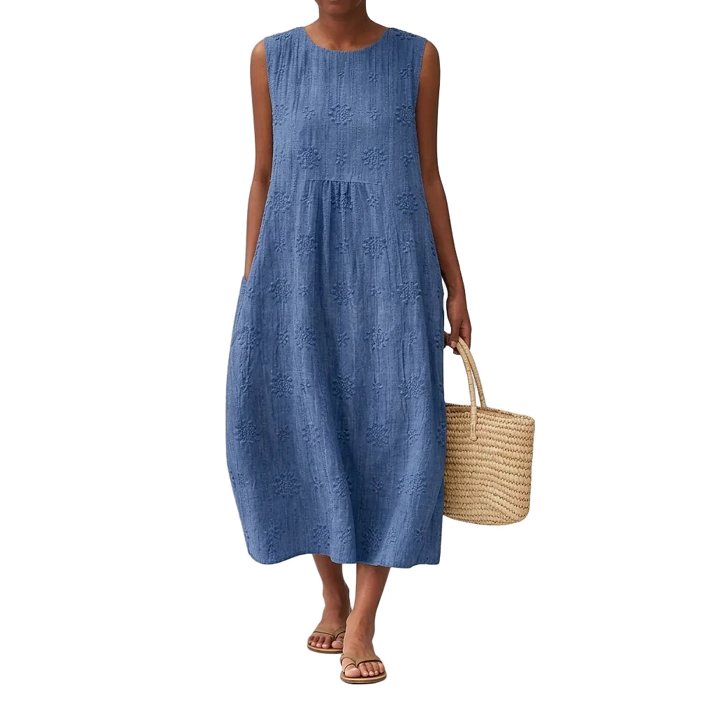 Damska sukienka midi bez rękawów z haftem ażurowym-Midi Dress-Olave