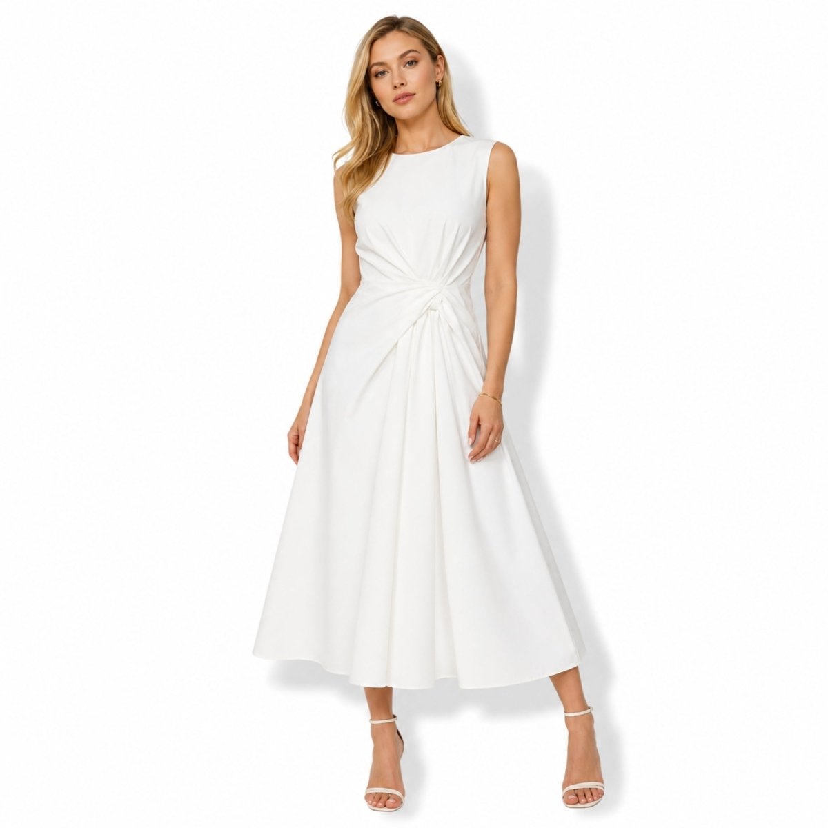 Damska sukienka midi bez rękawów z węzłem z boku-Midi Dress-Olave