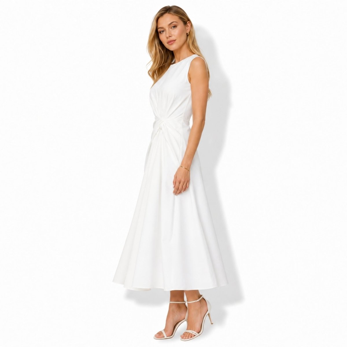 Damska sukienka midi bez rękawów z węzłem z boku-Midi Dress-Olave