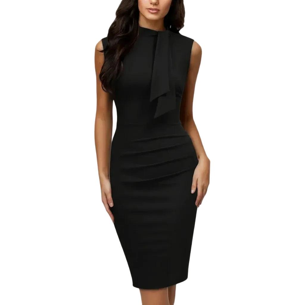 Damska Sukienka Midi Bez Rękawów z Wysokim Kołnierzem i Drapowanym Panelem-Midi Dress-Olave