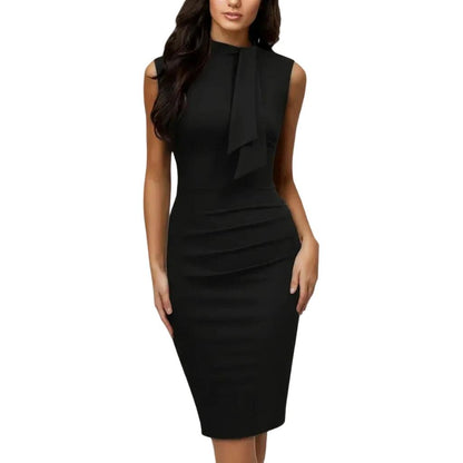 Damska Sukienka Midi Bez Rękawów z Wysokim Kołnierzem i Drapowanym Panelem-Midi Dress-Olave