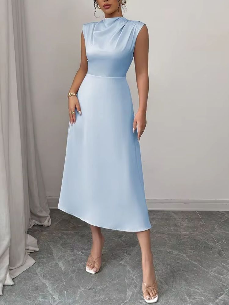 Damska sukienka midi bez rękawów z wysokim kołnierzem i rozkloszowaną spódnicą-Maxi Dress-Olave