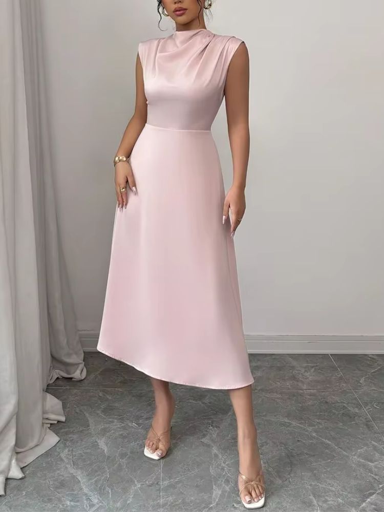 Damska sukienka midi bez rękawów z wysokim kołnierzem i rozkloszowaną spódnicą-Maxi Dress-Olave