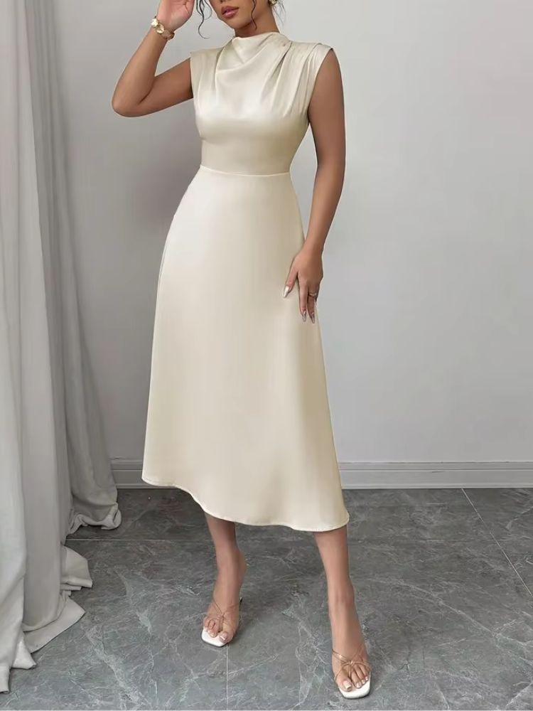 Damska sukienka midi bez rękawów z wysokim kołnierzem i rozkloszowaną spódnicą-Maxi Dress-Olave