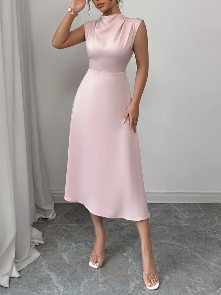 Damska sukienka midi bez rękawów z wysokim kołnierzem i rozkloszowaną spódnicą-Maxi Dress-Olave
