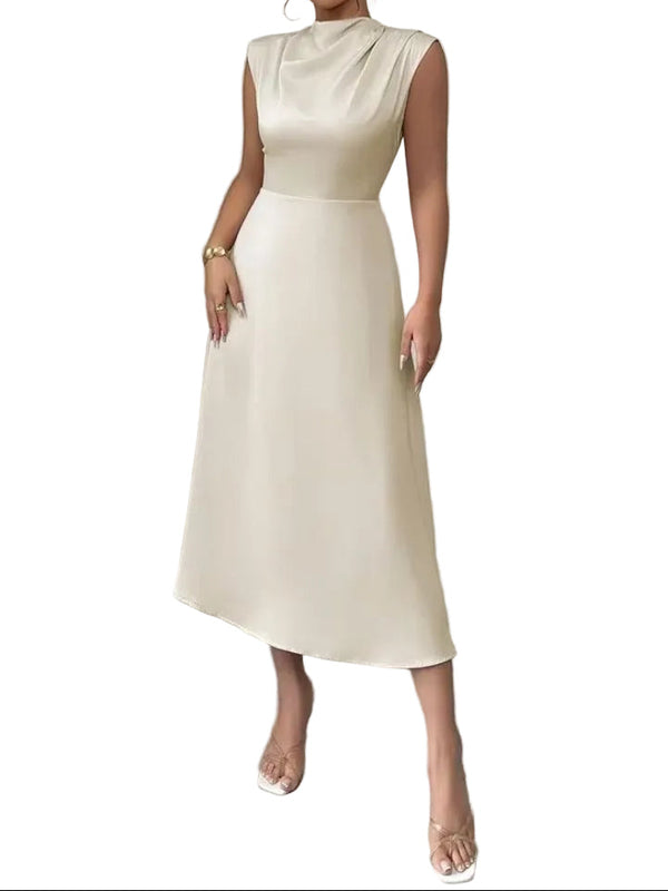 Damska sukienka midi bez rękawów z wysokim kołnierzem i rozkloszowaną spódnicą-Maxi Dress-Olave