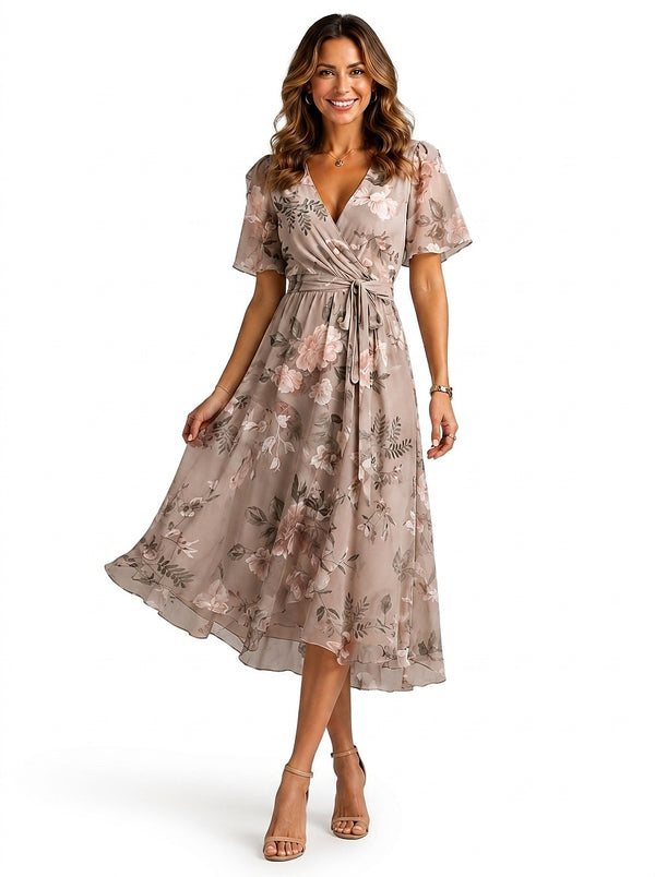 Damska sukienka midi kopertowa w kwiaty-Midi Dress-Olave