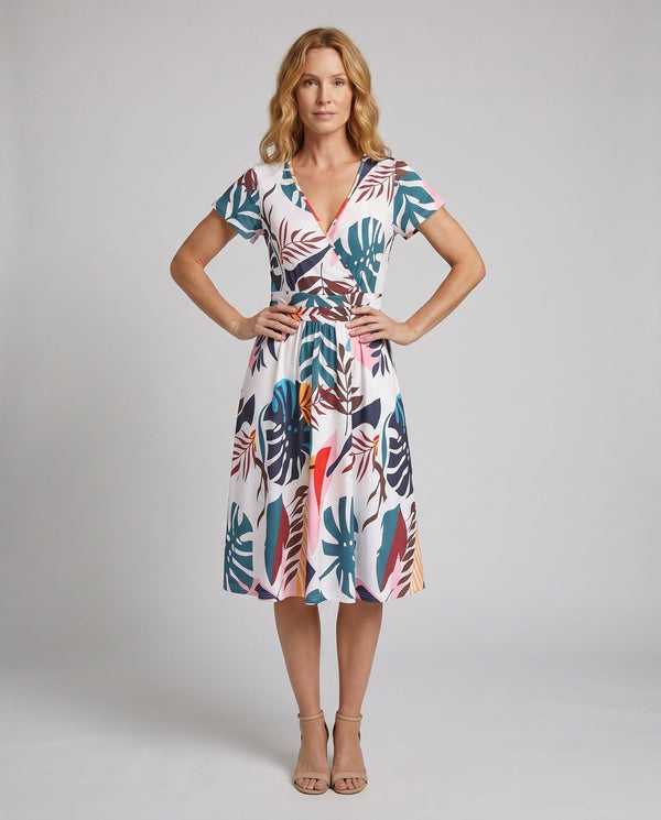 Damska sukienka midi kopertowa w tropikalny wzór-Midi Dress-Olave