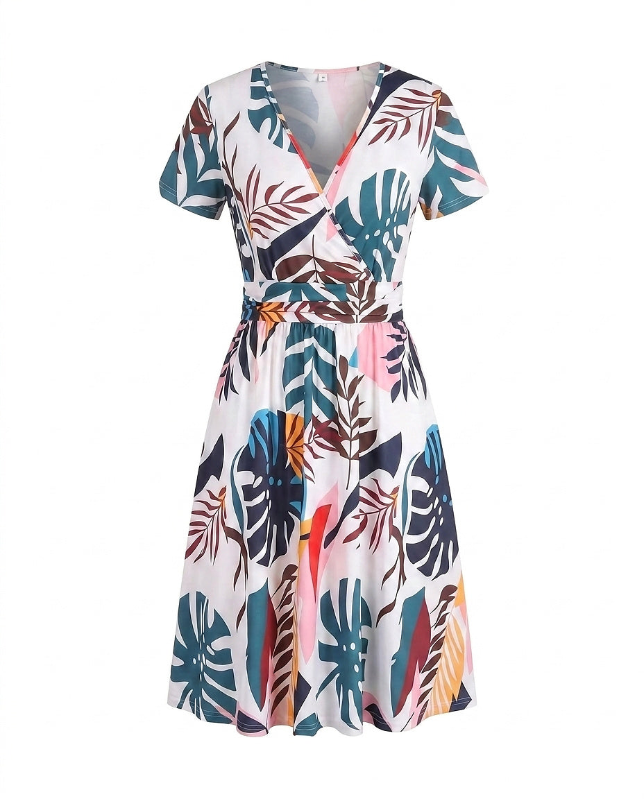 Damska sukienka midi kopertowa w tropikalny wzór-Midi Dress-Olave