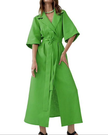 Damska Sukienka Midi Kopertowa z Kołnierzem, Szerokimi Rękawami i Paskiem w Talii-Midi Dress-Olave