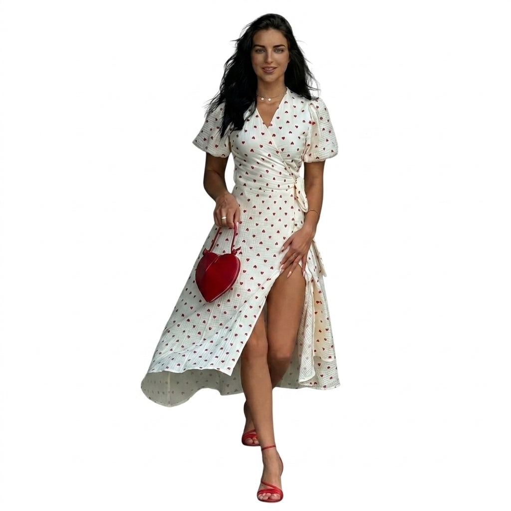 Damska sukienka midi o kopertowym kroju z bufiastymi rękawami i kwiatowym wzorem-Midi Dress-Olave