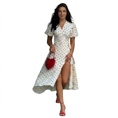 Damska sukienka midi o kopertowym kroju z bufiastymi rękawami i kwiatowym wzorem-Midi Dress-Olave