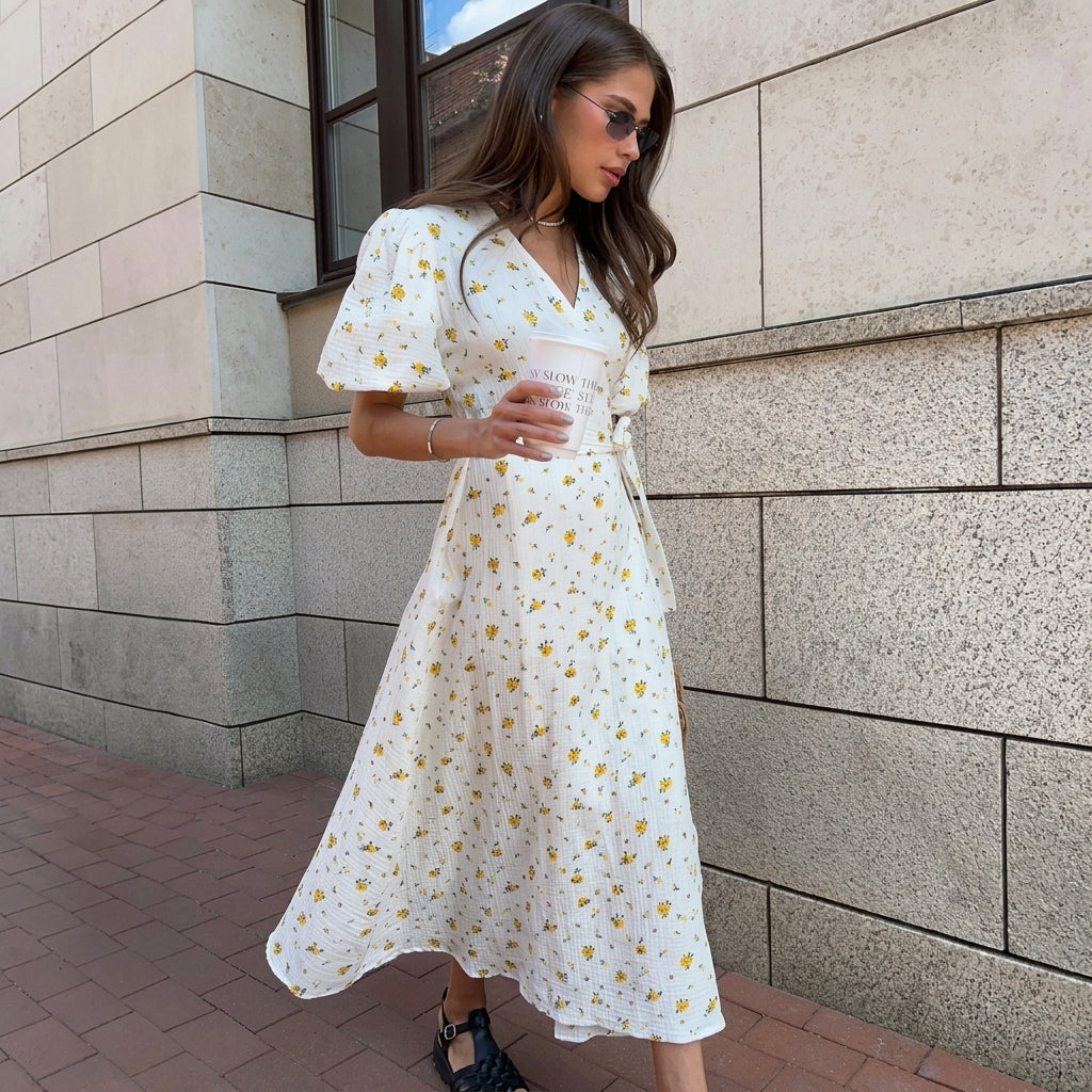Damska sukienka midi o kopertowym kroju z bufiastymi rękawami i kwiatowym wzorem-Midi Dress-Olave