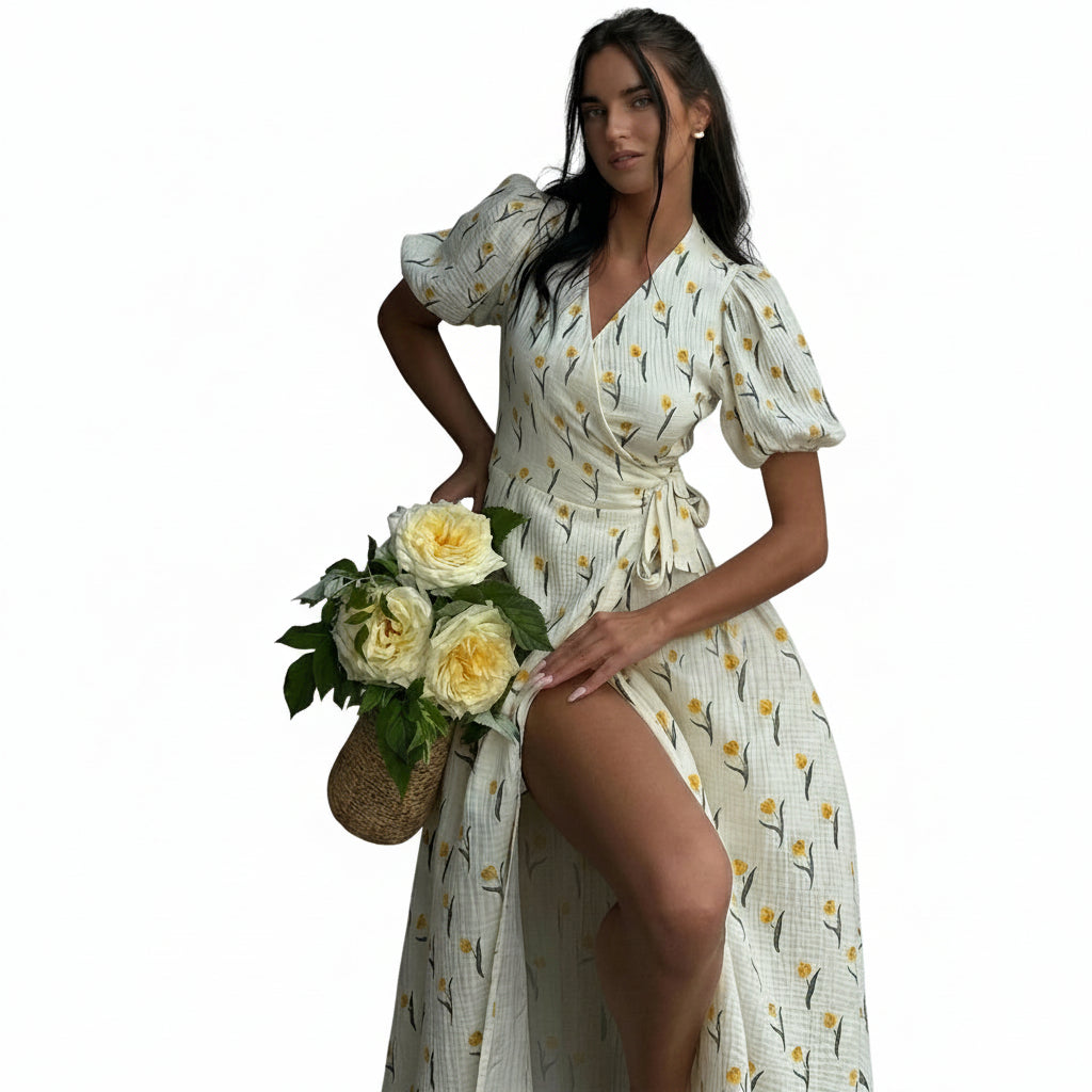 Damska sukienka midi o kopertowym kroju z bufiastymi rękawami i kwiatowym wzorem-Midi Dress-Olave