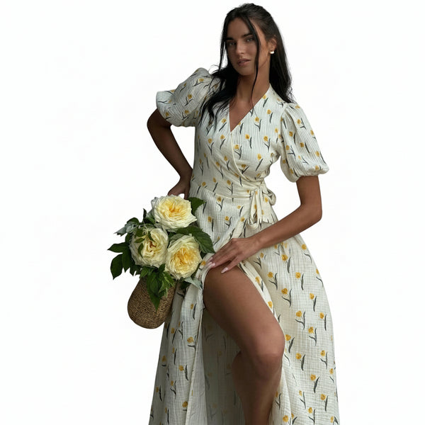 Damska sukienka midi o kopertowym kroju z bufiastymi rękawami i kwiatowym wzorem-Midi Dress-Olave