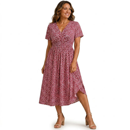 Damska sukienka midi w grochy z marszczeniem-Midi Dress-Olave