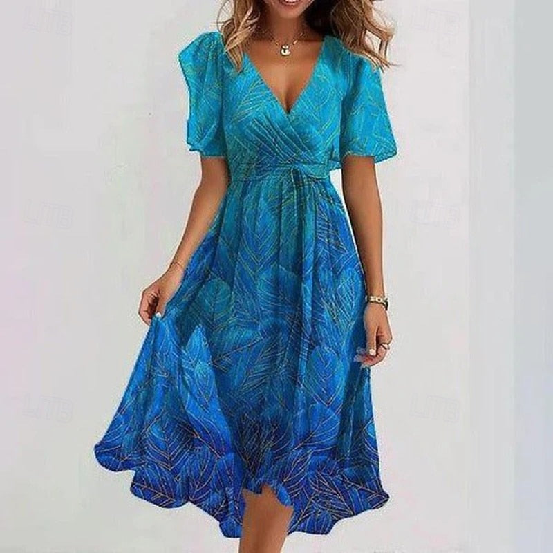 Damska sukienka midi w kwiaty z dekoltem w serek-Midi Dress-Olave