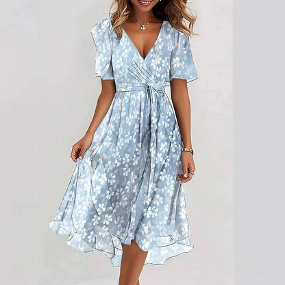 Damska sukienka midi w kwiaty z dekoltem w serek-Midi Dress-Olave